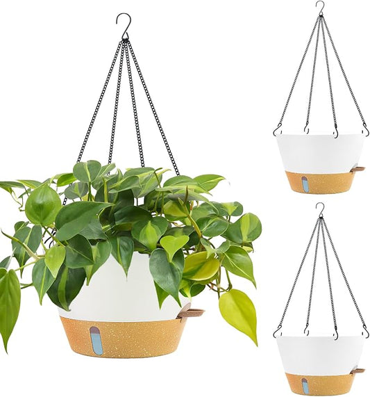 ZMTECH 3 Pack 12 Inch Hanging Planters for Indoor Plants, Large White Self Watering Hanging Planter with Visible Water Level Window & Heavy Duty Chain, Flower Pots for Outdoor Patio