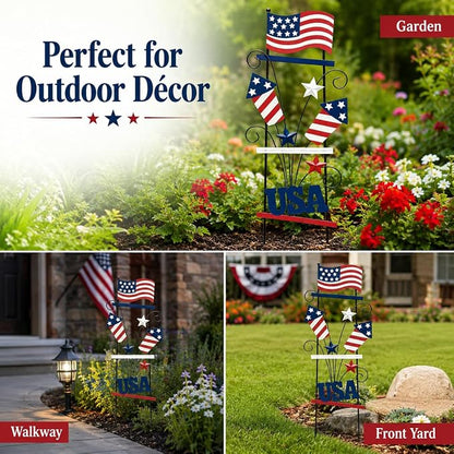 4th of July Decorations Outdoor, 30 Inch Metal Patriotic Garden Stakes, USA Yard Sign with American Flag, Red White and Blue Yard Decorations for Memorial Day Lawn Porch
