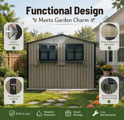 6x9 FT Outdoor Storage Shed with 2 Clear Openable Windows,Waterproof Metal Building Backyard Shed w/Windowsill & Garden Bed Flower Rack,Lockable Double Doors Tool Shed,for Yard,Brown