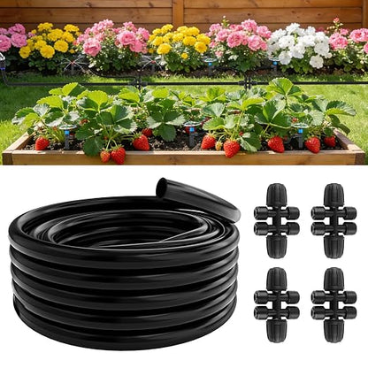 50FT 5/16" Drip Irrigation Tubing and 4 Packs 4-Way Quick Coupler, Push-to-Connect Fittings- DIY Garden Irrigation System, Misting, or Blank Distribution Tubing for Any Gardening Project