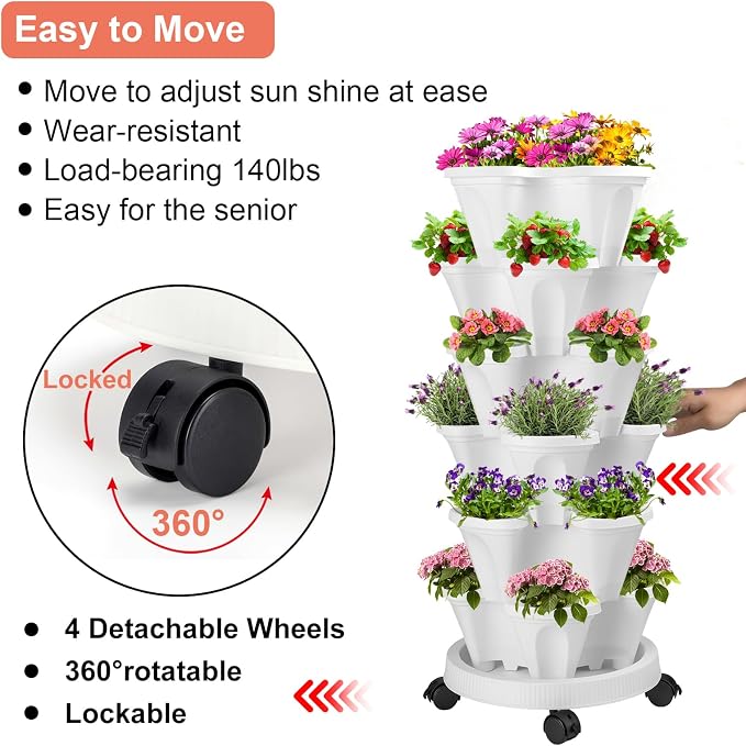 GameXcel Vertical Planter, 6 Tier Stackable Strawberry Planter with Garden Tool Set, Movable Indoor/Outdoor Garden Herb Pot for Growing Vegetables and Succulents, White