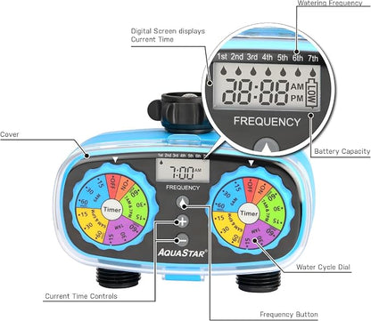 AQUASTAR Two-Zone Hose Watering Timer (Blue), Automatic Irrigation for Lawn, Garden, Yard, Two Outlets