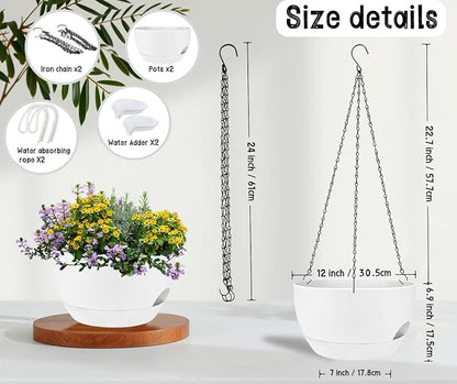 12" Self Watering Hanging Planters with Chains, White, 2 Pack | 43 Oz removable self-watering reservoir, for indoor/outdoor plants, patio & garden