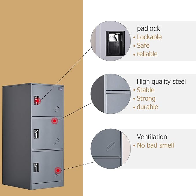 MECOLOR Vertical Single Tier Small Locker with Padlock latche 2 or 3 Compartment Storage for Employee,Home,Office,School,Kids (Dark Grey, P3V)