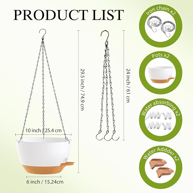 10 Inch Hanging Baskets 2 PC with Chains, Self-Watering Hanging Planters for Indoor Outdoor Plants, Plastic Hanging Flower Pots,White Brown