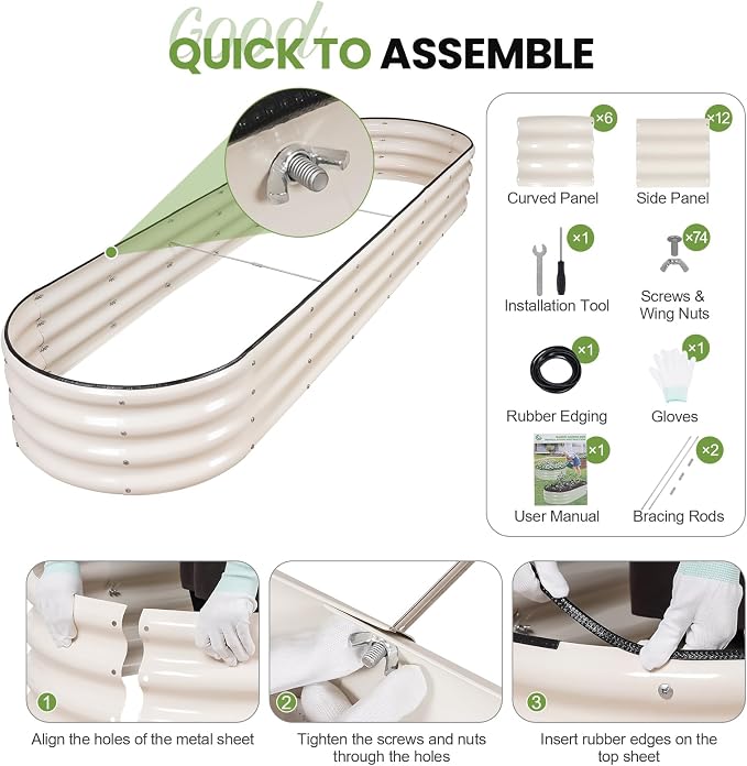 G GOOD GAIN Raised Garden Beds - 8x2x1ft Galvanized Planter Boxes Kit with Protective Tape & Gloves & Tools | Oval Metal Outdoor Raised Bed for Gardening Vegetables, Fruits, Flowers, Herbs, White