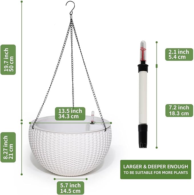 Dexceder 13.5 Inch Self Watering Hanging Planter (White) | Thickened Large Hanging Basket Flower Plant Pot with Water Level Indicator Indoor Outdoor