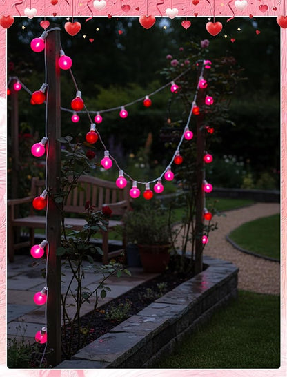 LED Valentine’s Day String Lights, 25Ft Valentines Decorations Outdoor | 25+2 G40 Round Bulbs, Connectable, Shatterproof Hanging Indoor Fairy Lights for Wedding Date Patio, Frosted Red Pink