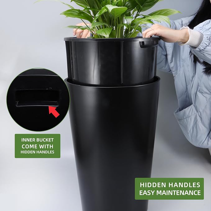 Dexceder 16x12 Self Watering Tall Planter (Black Matte) | High Cylinder, Thickened Large Floor Standing Flower Plant Pot with Water Level Indicator Indoor Outdoor