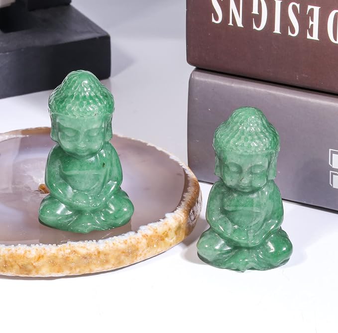 Rockcloud Handcarved Green Aventurine Pocket Stone Baby Buddha Statue | for Home Decoration Zen Garden Spiritual Feng Shui Figurine