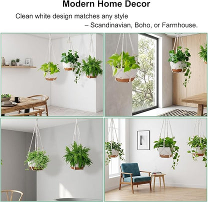 FUSHITON 3 Pack Hanging Planters for Indoor & Outdoor Plants, 10+10+8 Inch Self-Watering Pots with 2 Types of Hangers, Removable Saucer and Drainage Holes for Garden Home Decor - White