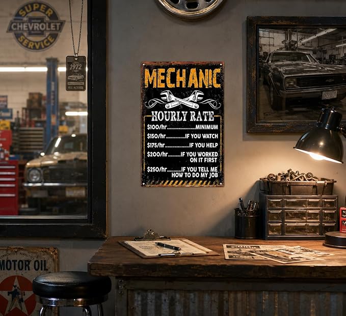 Mechanic Hourly Rate Funny Metal Sign, Vintage Garage Wall Decor, Retro Wrench Mechanic Themed Plaque for Man Cave Workshop Auto Shop Car Enthusiast Decor 8x12 Inch