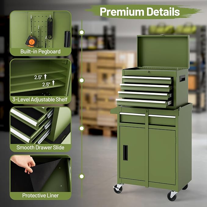 Goplus Tool Chest, 5 Drawers Rolling Tool Cabinet with Detachable Top Toolbox, Universal Lockable Wheels, Lock Bar, Protective Liner & Tool Rack, Metal Tool Storage Cart, Tool Box for Garage Workshop
