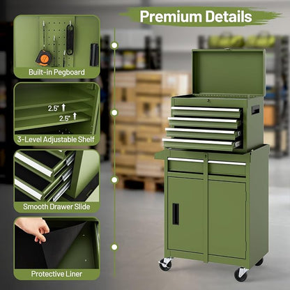 Goplus Tool Chest, 5 Drawers Rolling Tool Cabinet with Detachable Top Toolbox, Universal Lockable Wheels, Lock Bar, Protective Liner & Tool Rack, Metal Tool Storage Cart, Tool Box for Garage Workshop