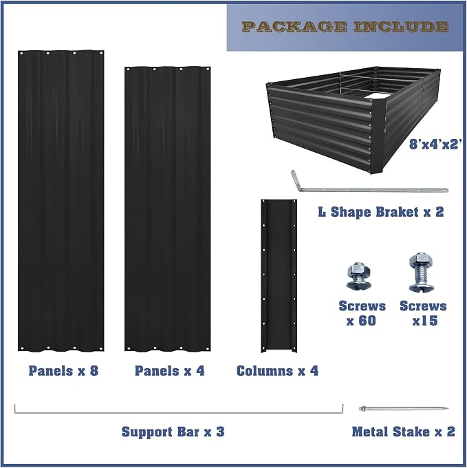 8x4x2FT Black Metal Raised Garden Bed Kit, Galvanized Outdoor Planter Box for Vegetables, Flowers, Herbs, Succulents and More
