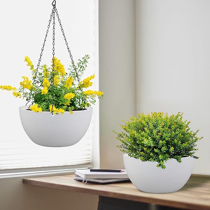 Meowell 8 inch Small Hanging Planters for Indoor Outdoor Plants, 2 Pack Hanging Flower Pots with Drainage Holes and Chain for Garden Porch, Plastic Hanging Baskets for House Plants, White