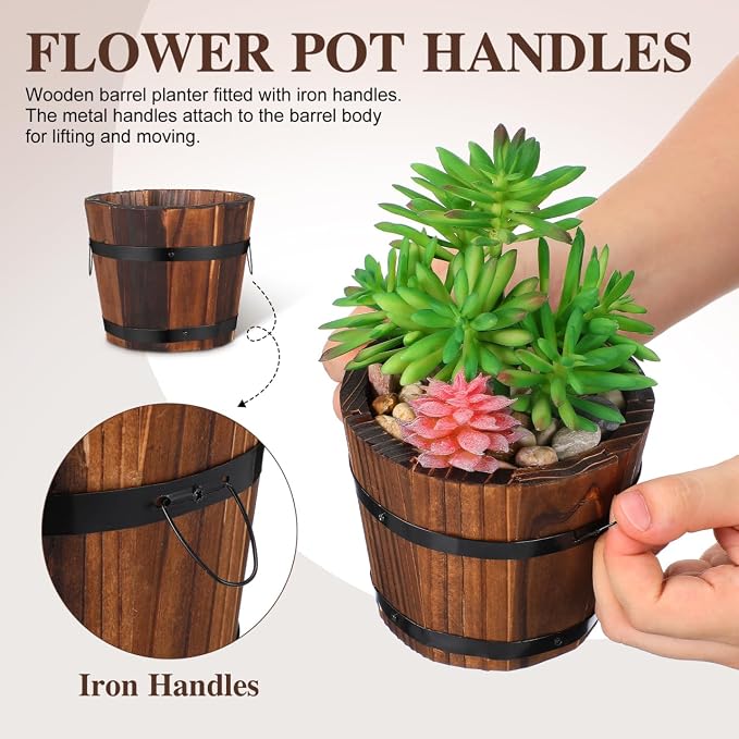 BESPORTBLE Rustic Wooden Barrel Planters: 4pcs Whiskey Barrel Bucket Flower Pots, Plants Boxes Container with Handles for Garden Outdoor Indoor Decor