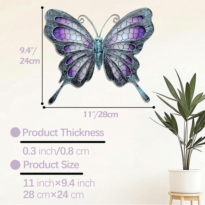 Hanging Purple Metal Butterfly Outdoor Decor Art, 11"×9.4" | Hanging glass & metal sculpture, indoor & outdoor decor, butterfly decoration for garden yard patio bathroom