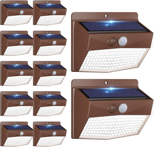 Peasur [12 Packs] Solar Outdoor Lights Motion Sensor Solar Security Lights Waterproof with 3 Lighting Modes Solar Powered Wall Lights Outside for Garden Fence Yard,Brown