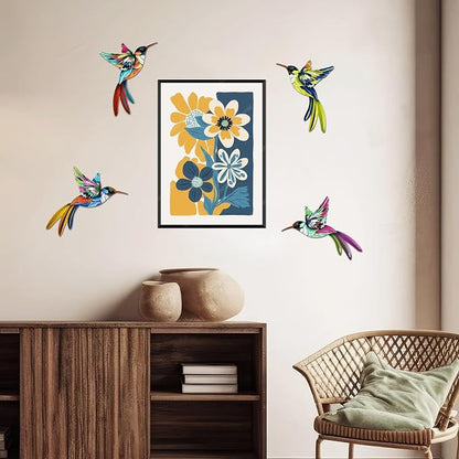 4 Pack Metal Hummingbird Wall Art Decor, 3D Colorful Birds Outdoor Sculpture for Garden Fence, Backyard, Outdoor Wall, Patio and Balcony, Great Gifts for Family Friends