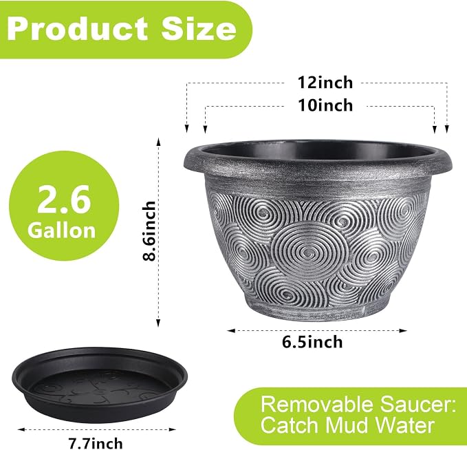 12-Inch -Plastic-Pots -For-Plant With Saucer, 4 Pack Outdoor Planters With Drainage Holes, Decorative Flower Pots For Indoor Plants, Modern 3D Swirl Silver Large Plant Pots With With Removable Tray