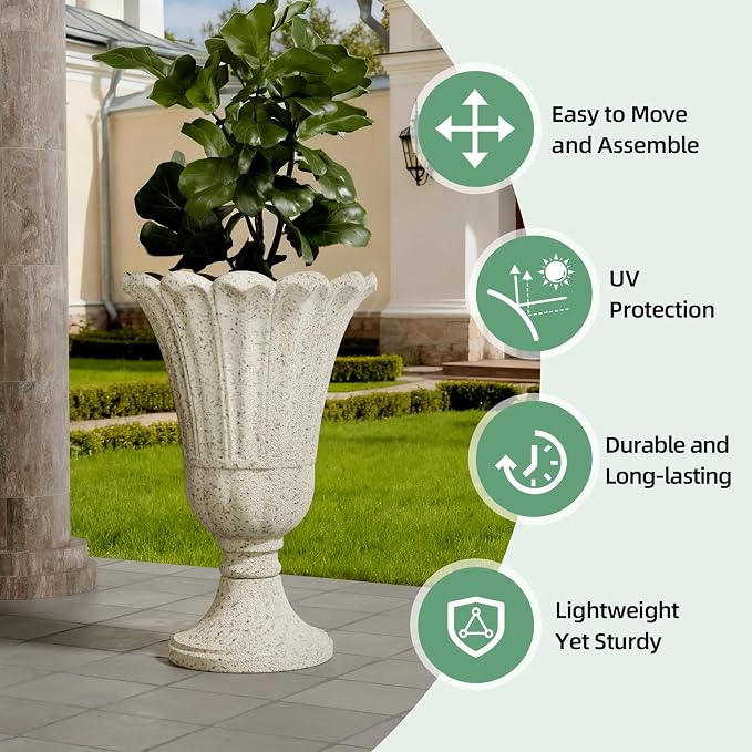 23.6" Tall Plastic Urn Planters for Outdoor Plants with Drainage Holes & Petal Design, Set of 2 Sturdy Base Classic Indoor Large Flower Pots, Outdoor Planters for Porch/Home, Yellow Beige