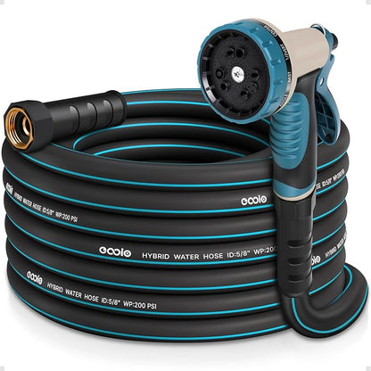 Garden Hose 25 ft x 5/8" with Nozzle, Water Hose Heavy Duty Flexible, Lightweight Kink-less Hybrid Hose with Swivel Handle, Male to Female Fittings