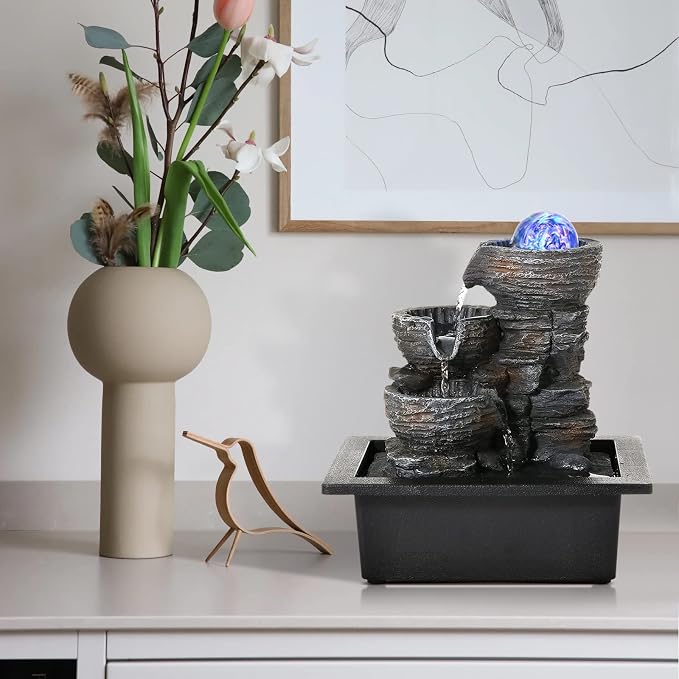Dyna-Living Water Fountain Indoor Tabletop Waterfall Fountain with LED | Colorful Light Indoor Fountains and Waterfalls with Rolling Ball, Quiet Pump for Relaxation, Zen Home & Office Desk Décor