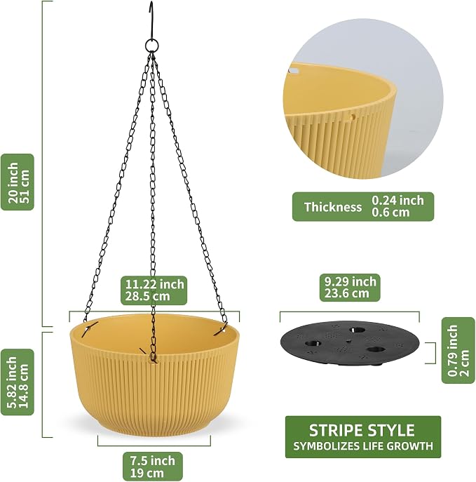 Dexceder 11.2 Inch Self Watering Hanging Planter (2 Pack, Yellow) | Thickened Hanging Basket Flower Plant Pot Indoor Outdoor