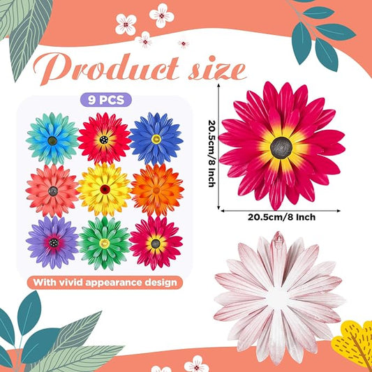 Zhehao 9 Pcs Metal Flower Wall Art Hanging 3D Daisy Decor Metal Flowers Outdoor Decor Multicolored Layered Floral Sunflower Wall Decorations for Home Garden Porch Patio(Fresh Color,8 Inch)