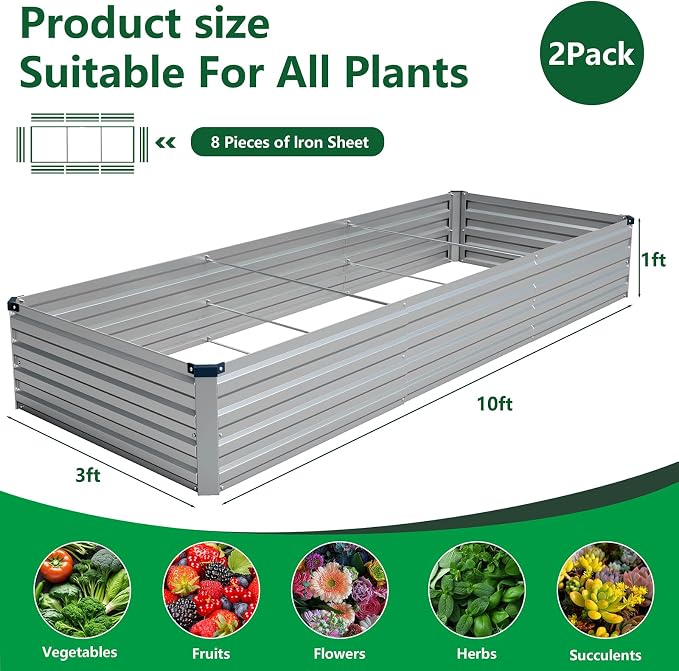 Vengarus 2PCS 10x3x1ft Galvanized Raised Garden Beds Kit,Planter Box Silver | Galvanized Steel, Rectangular Metal Planter Raised Beds, Vegetables, Herbs, Flowers, Easy Assembly, Rustproof Safe Backyard