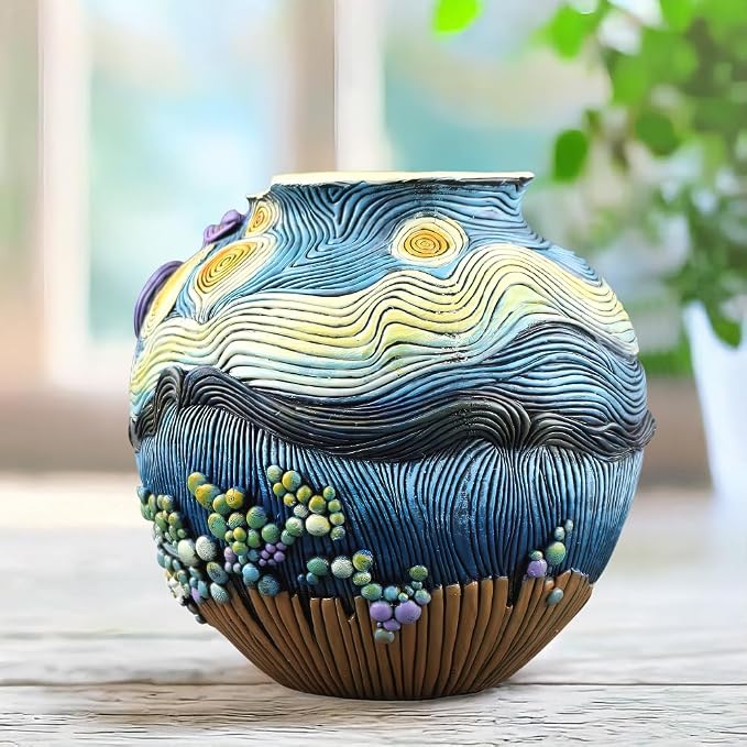 TOZLU Picasso Brutalist Beauty Face Flower Pot Ornaments Flower Pots Head Planter Pots Container Colorful Face Art Resin Flower Pot (Starry Night Flower Pot)