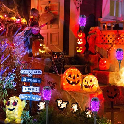 EOYIZW Solar Outdoor Lights, 8 Pack Purple Halloween Decorations Outdoor, Waterproof Mini LED Solar Torches for Outside Light for Halloween Garden Yard Porch Lawn Decor