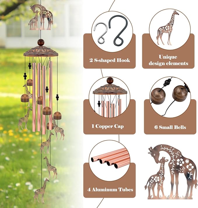 35" Giraffe Wind Chimes for Outside, Rustic Copper Mother & Baby Giraffe Silhouette Decor with 6 Pendants - Elegant Memorial Windchime - Heartwarming Gift for Mom & Animal Lovers