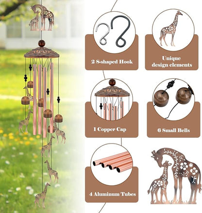 35" Giraffe Wind Chimes for Outside, Rustic Copper Mother & Baby Giraffe Silhouette Decor with 6 Pendants - Elegant Memorial Windchime - Heartwarming Gift for Mom & Animal Lovers