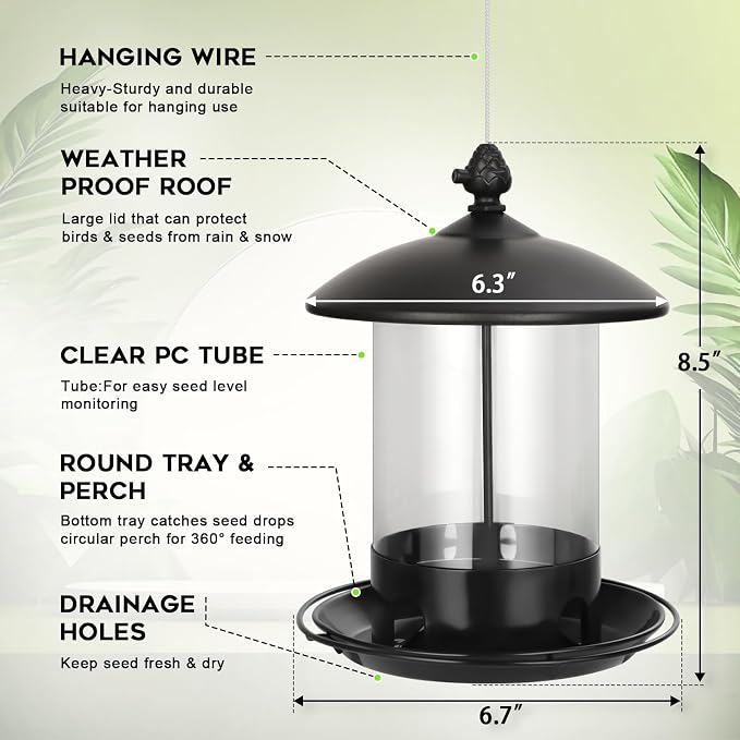 Gbekery Metal Bird Feeders for Outdoors Hanging, Weather Resistant Wild Bird Feeder with 360 Degree Feeding Tray, Black