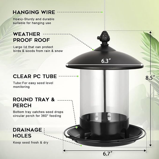 Gbekery Metal Bird Feeders for Outdoors Hanging, Weather Resistant Wild Bird Feeder with 360 Degree Feeding Tray, Black