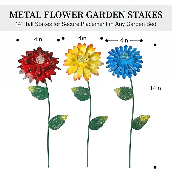 14 Inch Glow in The Dark Flower Garden Stakes, 3 Pack Colorful Metal Yard Decor with Luminous Beads, Outdoor Night Glow Garden Stakes for Lawn, Patio & Flower Beds