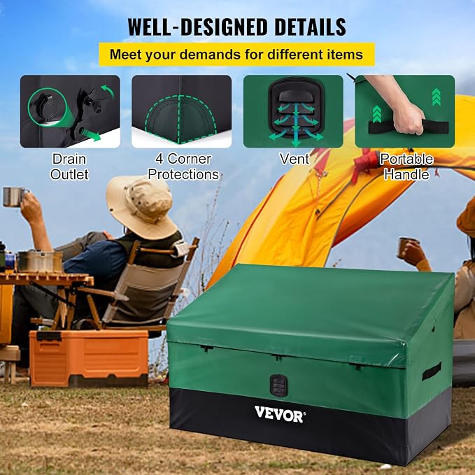 VEVOR Outdoor Storage Box, 100 Gallon Waterproof PE Tarpaulin Deck Box w/Galvanized Frame, All-Weather Protection & Portable, for Camping, Garden, Poolside, and Yard, Black & Green