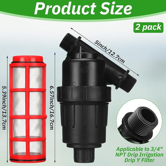Glooglitter 2 Pcs 3/4" NPT Drip Irrigation Y Filter, 3/4" MPT Inline Y Filter with 120 Mesh Stainless Steel Screen and Flush Cap for Garden Hose Irrigation System Parts