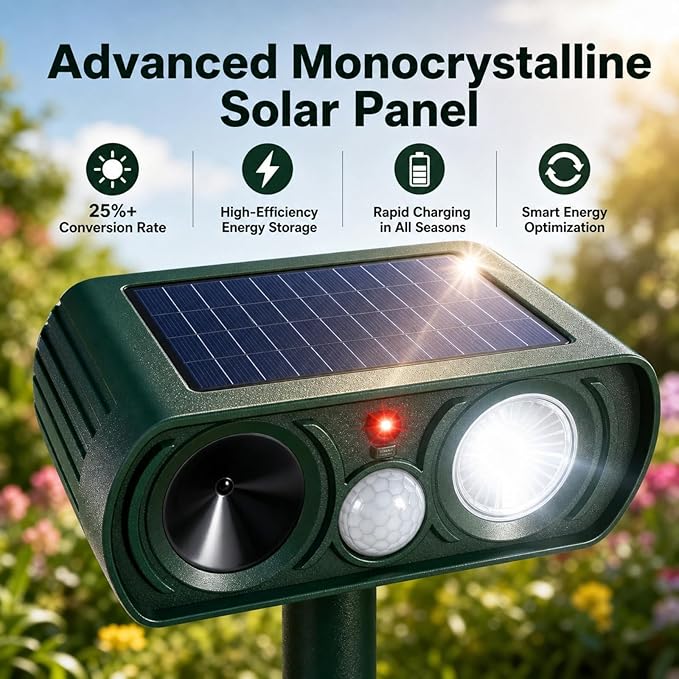 4 Pack New Solar Animal Repellent Ultrasonic Outdoor for Cats Squirrels Racoons Rabbits Foxs Dogs Deer Repellent Devices with Motion Sensor & Flash Light,IP65 Waterproof Animal Deterrent for Garden