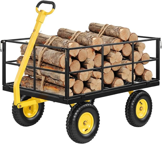 VEVOR Steel Garden Cart, 1400 lbs Heavy Duty Pullable Garden Wagon Yard Cart, 2 in 1 Outdoor Metal Utility Wagon Yard Trailer with 13" All Terrain Tires, Mesh Detachable Sides and 180° Rotating Handle