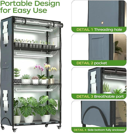 Indoor Greenhouse with Grow Lights & Cover, Plant Stand with Wheels | 36"x14"x63" Plant Shelf, heavy-duty 600D Oxford Cover, 6 full-spectrum Grow Light, Timer, Hygrometer for Seedlings & Flowers