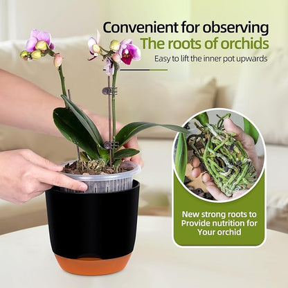 QCQHDU 5.7Inch Orchid Pots with Holes for Repotting, Double-Layer Plastic Self Watering Flower Pots for Indoor Plants with Drainage Holes, Clear Orchid Pot Match Decorative Orchid Container, 5 Packs