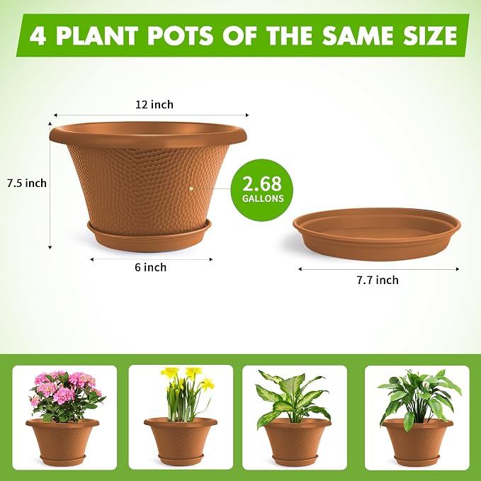 Quarut 12 Inch Pots for Plants,4 Pack Large Flower Pots with Saucer | Modern Planters for Indoor Outdoor Plants,Decorative Resin Garden Pots with Drainage Holes(Orange)