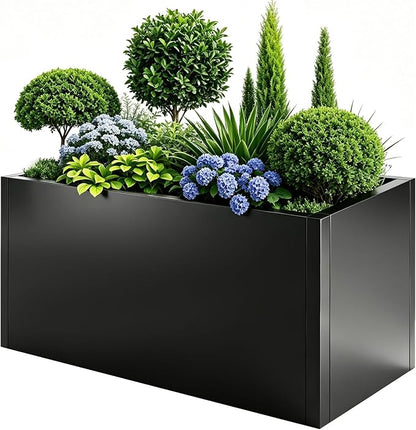 32"x16"x16" Large Metal Planter Box, Heavy-Duty Rust Resistant Steel Planter with Drainage Hole, Modern Rectangular Planter for Outdoor Indoor Patio Garden Yard (Black)