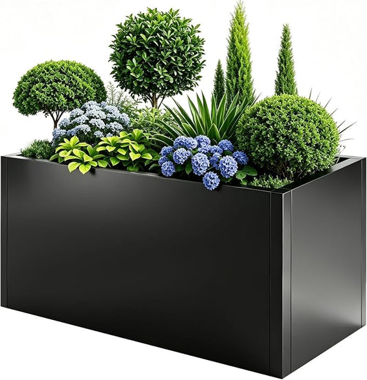 32"x16"x16" Large Metal Planter Box, Heavy-Duty Rust Resistant Steel Planter with Drainage Hole, Modern Rectangular Planter for Outdoor Indoor Patio Garden Yard (Black)
