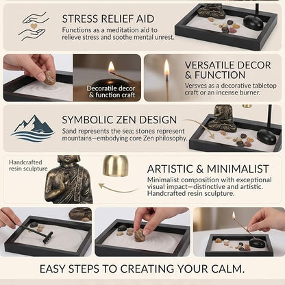HEEPDD Desktop Zen Garden Kit with Buddha Statue, Incense Holder, Mallet, Rocks for Meditation, Yoga, Office Decor