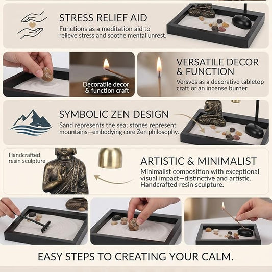 HEEPDD Desktop Zen Garden Kit with Buddha Statue, Incense Holder, Mallet, Rocks for Meditation, Yoga, Office Decor