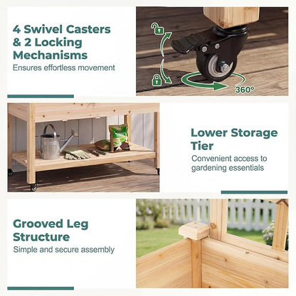 HAPPYGRILL Wooden Raised Garden Bed with Trellis, 65'' Elevated Planter Box w/Legs on Wheels, Liner & Drainage Holes for Climbing Plant Vegetable Flower, Outdoor Garden Box for Backyard Balcony (2)